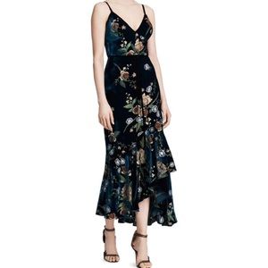 Marchesa Notte Ruffled and Embroidered Velvet Detail Midi Dress Teal